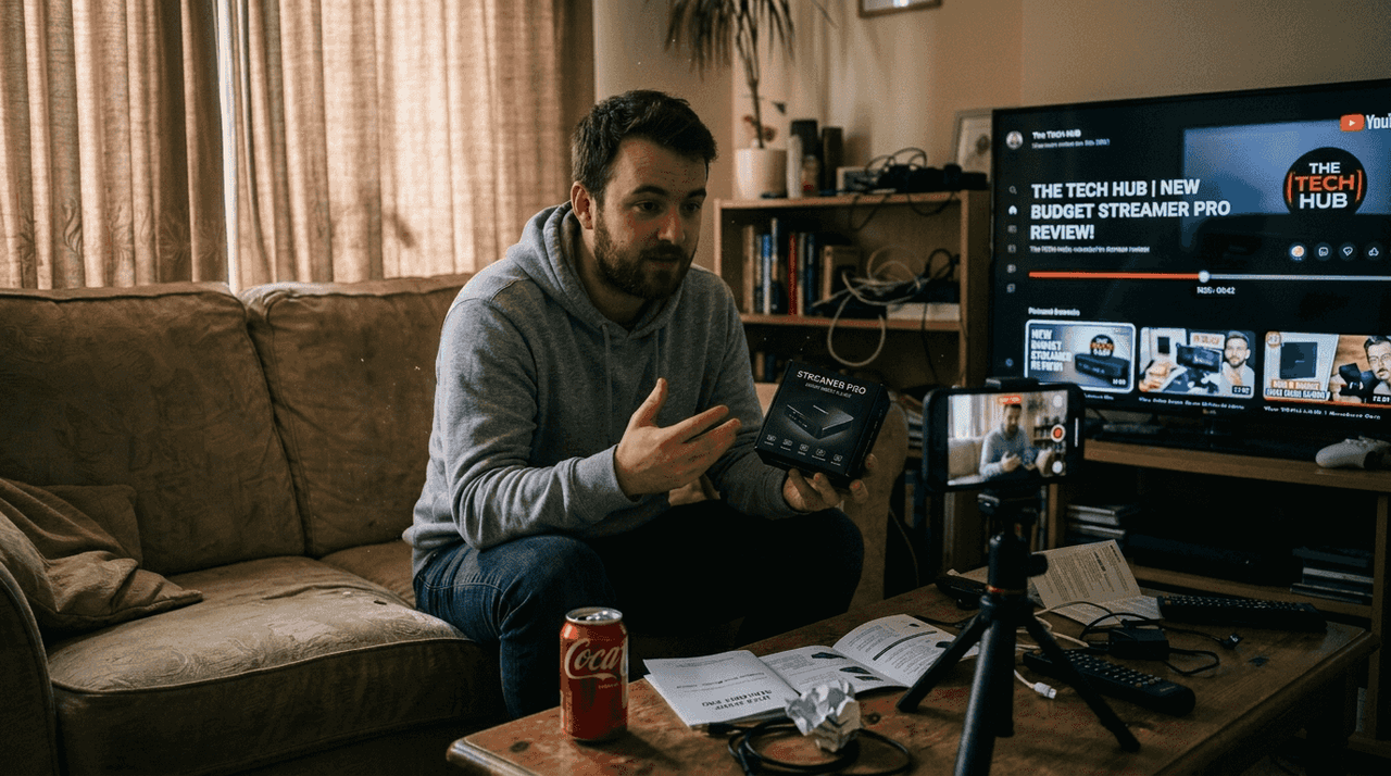 Man recording product review in casual living room
