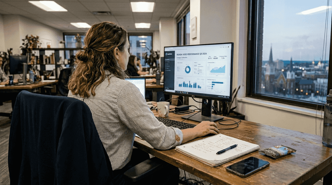 Marketing manager reviewing video campaign performance