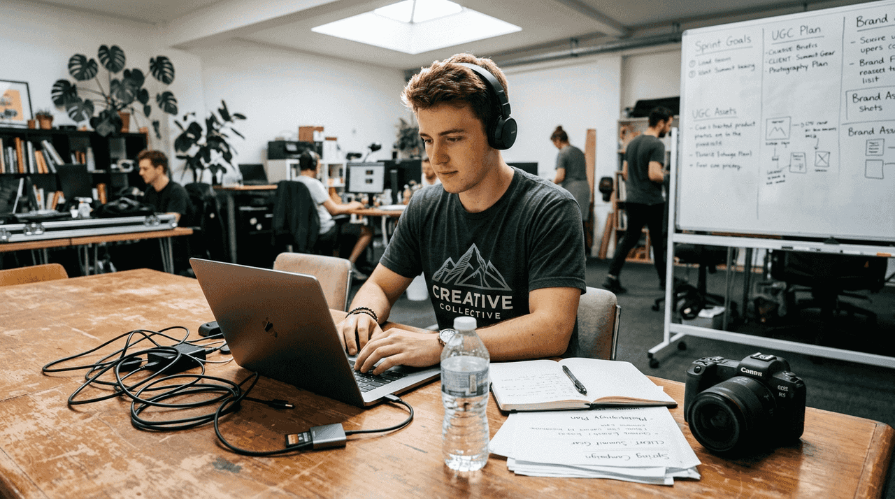 Man organizing UGC assets in open studio