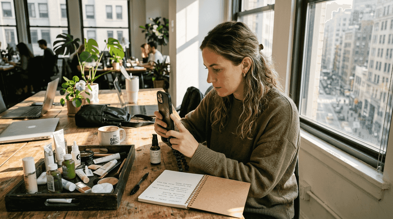 Woman filming UGC video in office workspace