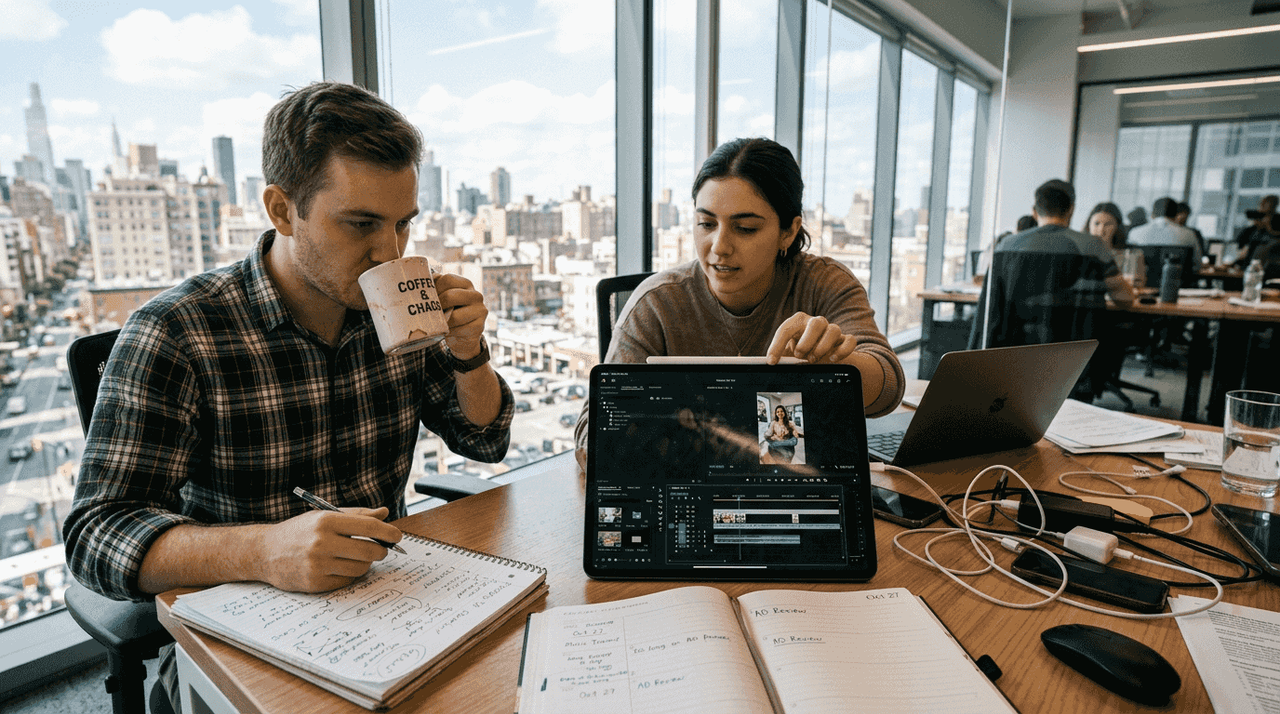 Team creating video ad campaign in office