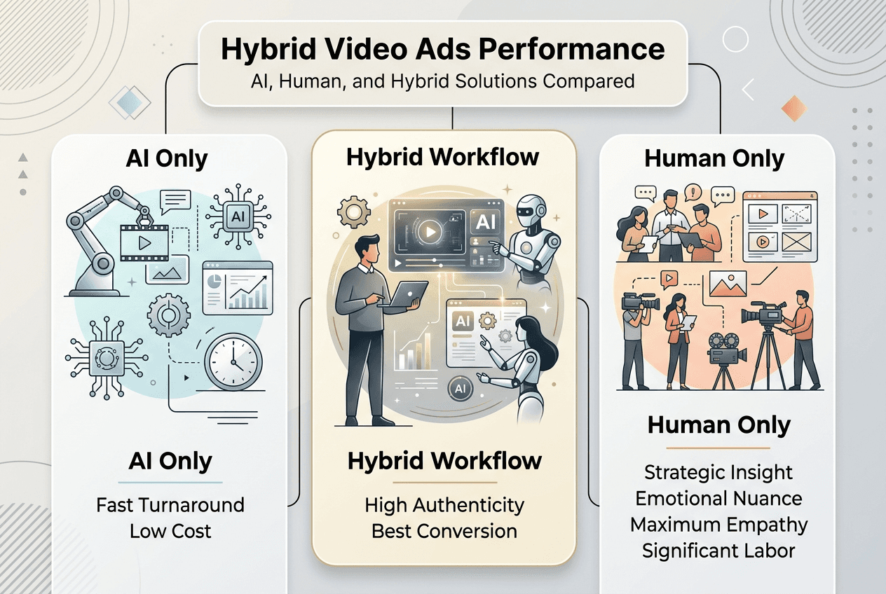 Infographic hybrid versus AI video ad results