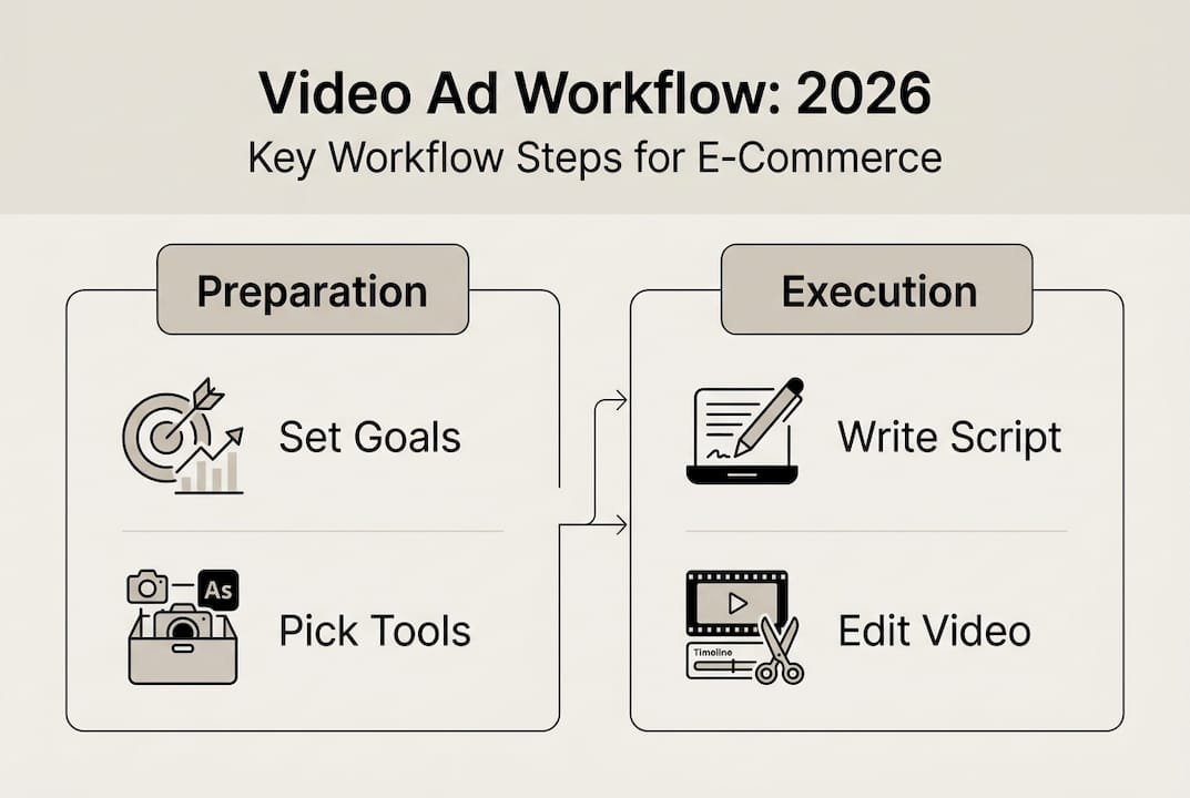 Infographic video ad workflow steps left right