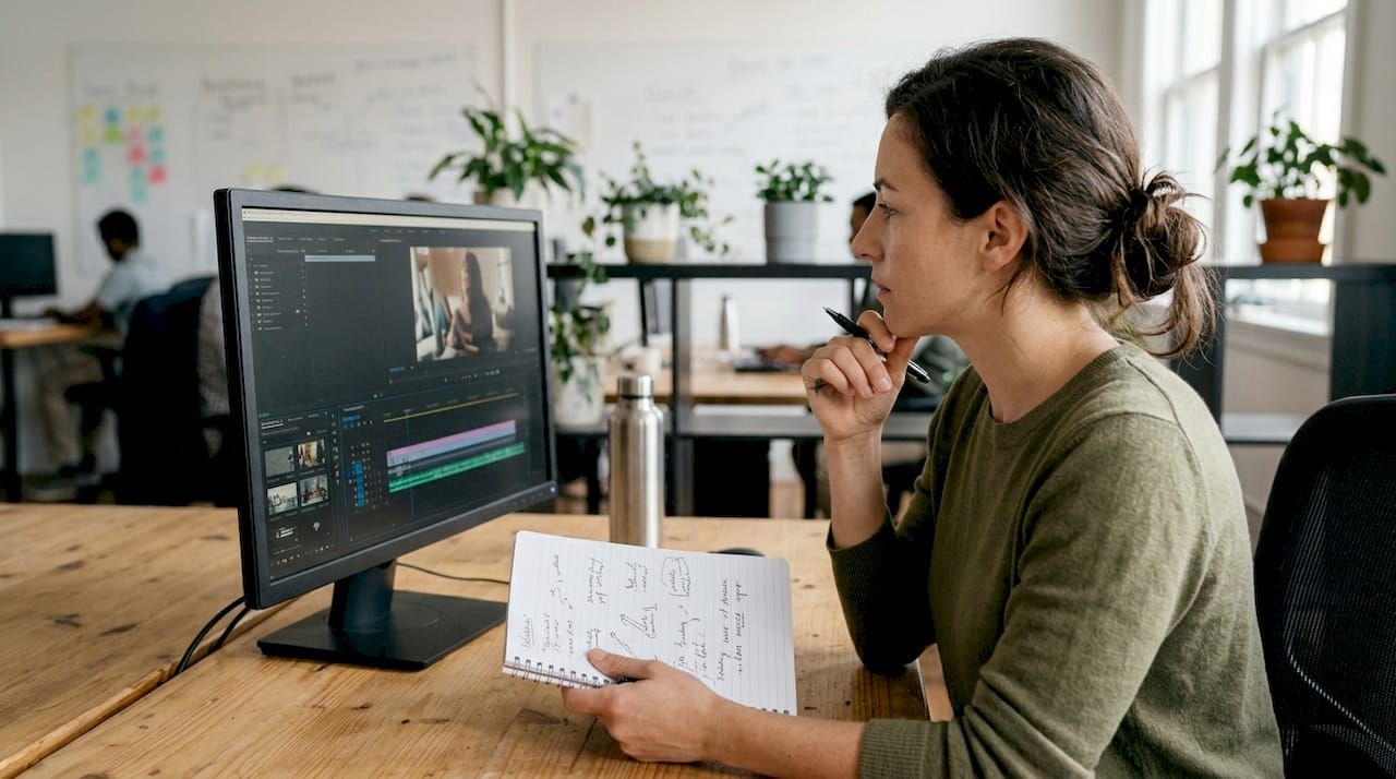 Marketer checking AI-generated video at desk