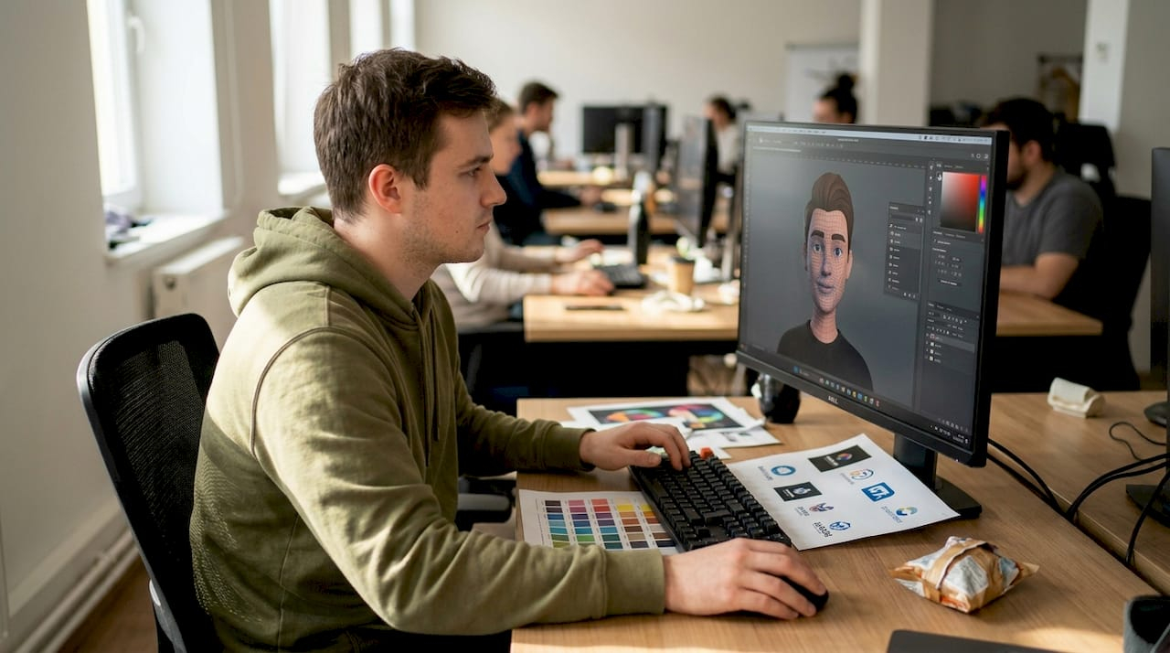 Man customizing avatar face and colors at desk