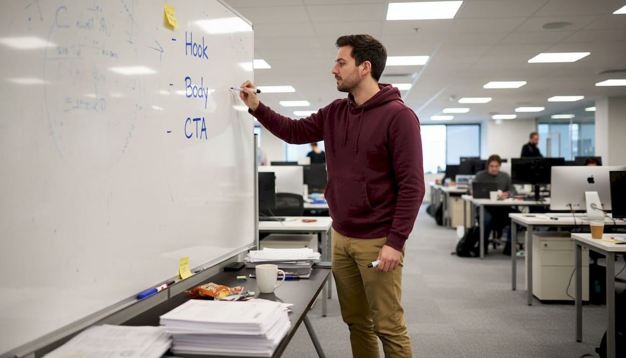 Video ad script planning session in workspace