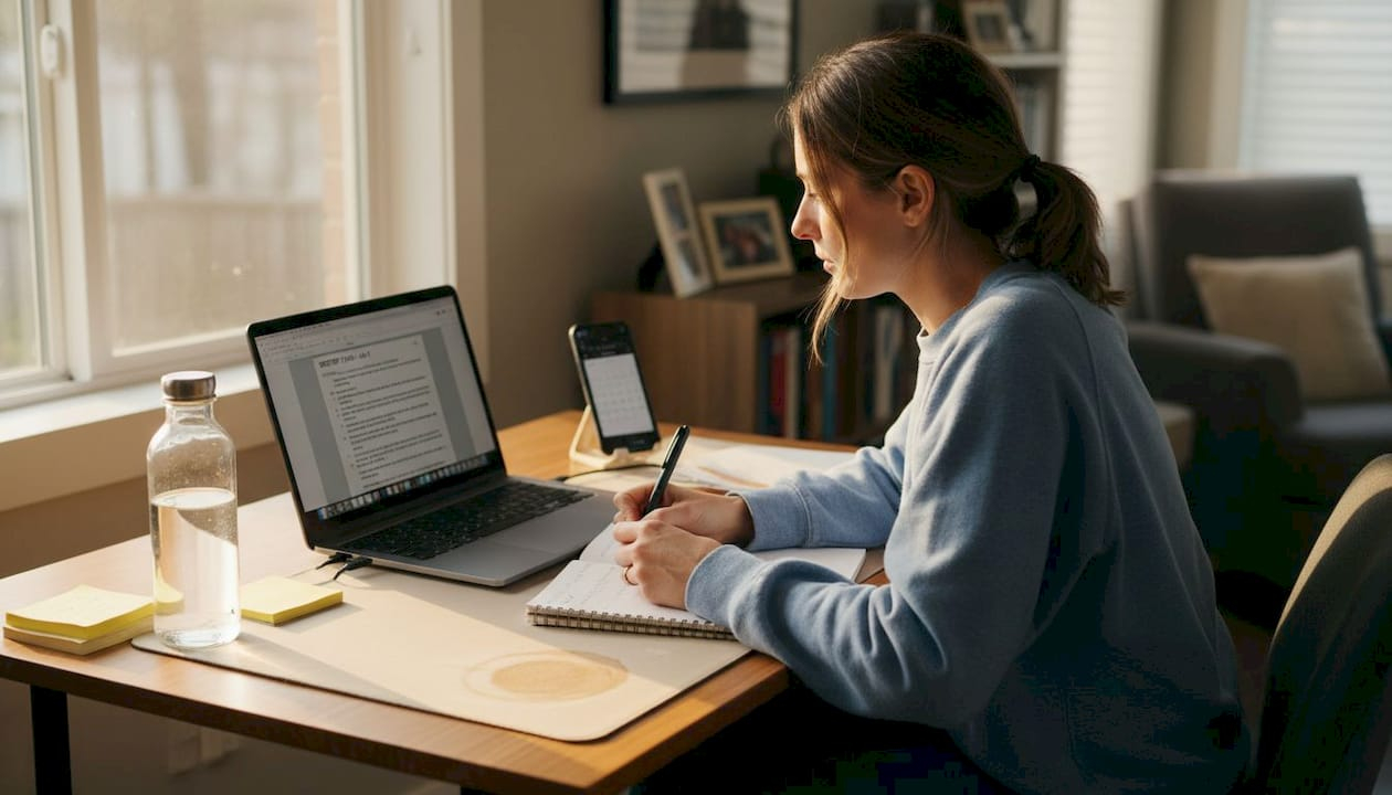 Scriptwriter drafting video ad in home office