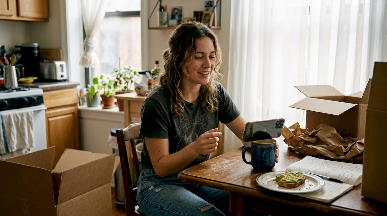 Woman recording product review at home table