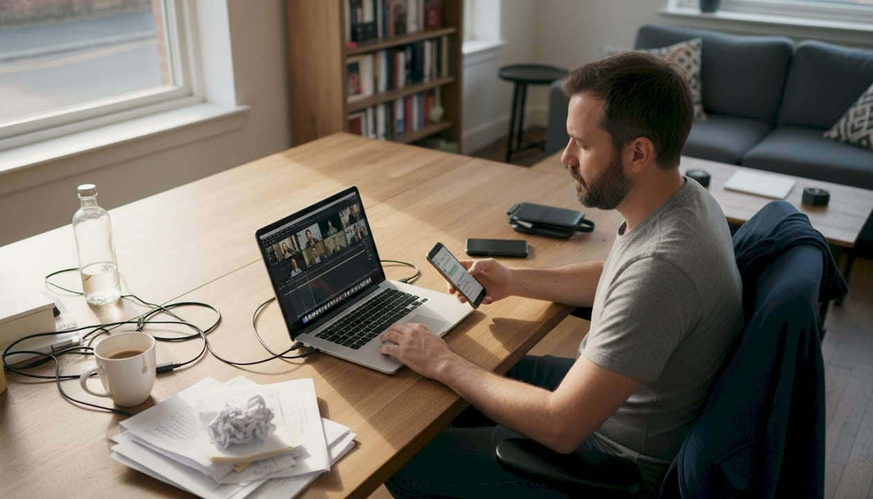 Man editing UGC videos at living room desk