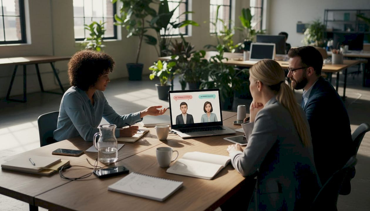 Team watching realistic avatar video during meeting