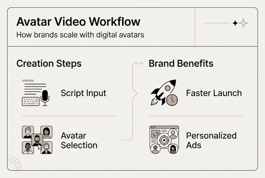 Infographic shows avatar video workflow and benefits