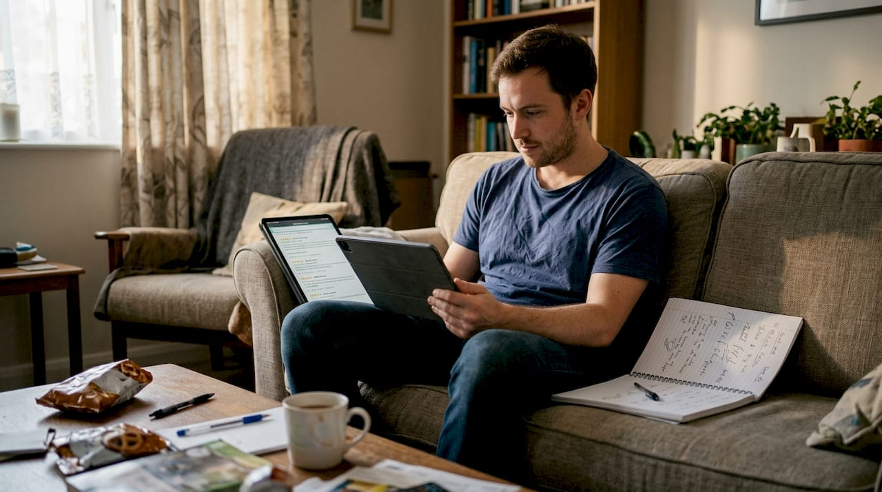 Shopper reading user product reviews at home