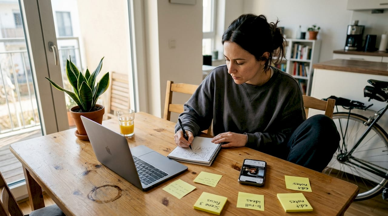Woman planning social media video at dining table