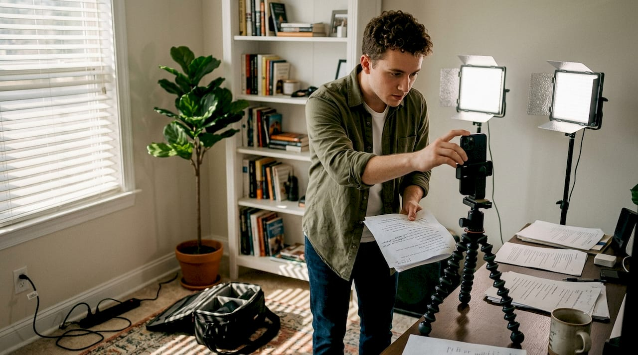 Man filming vertical video in home studio