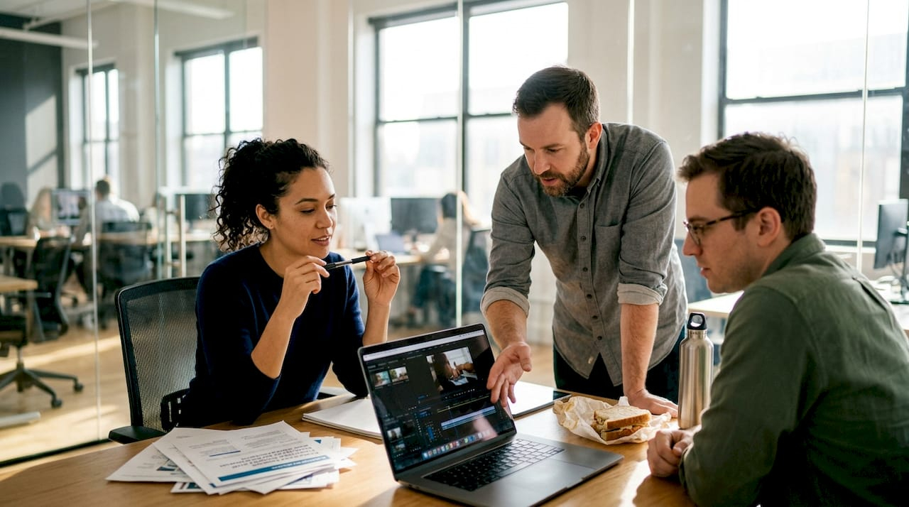 Team discussing video ad strategy at office table