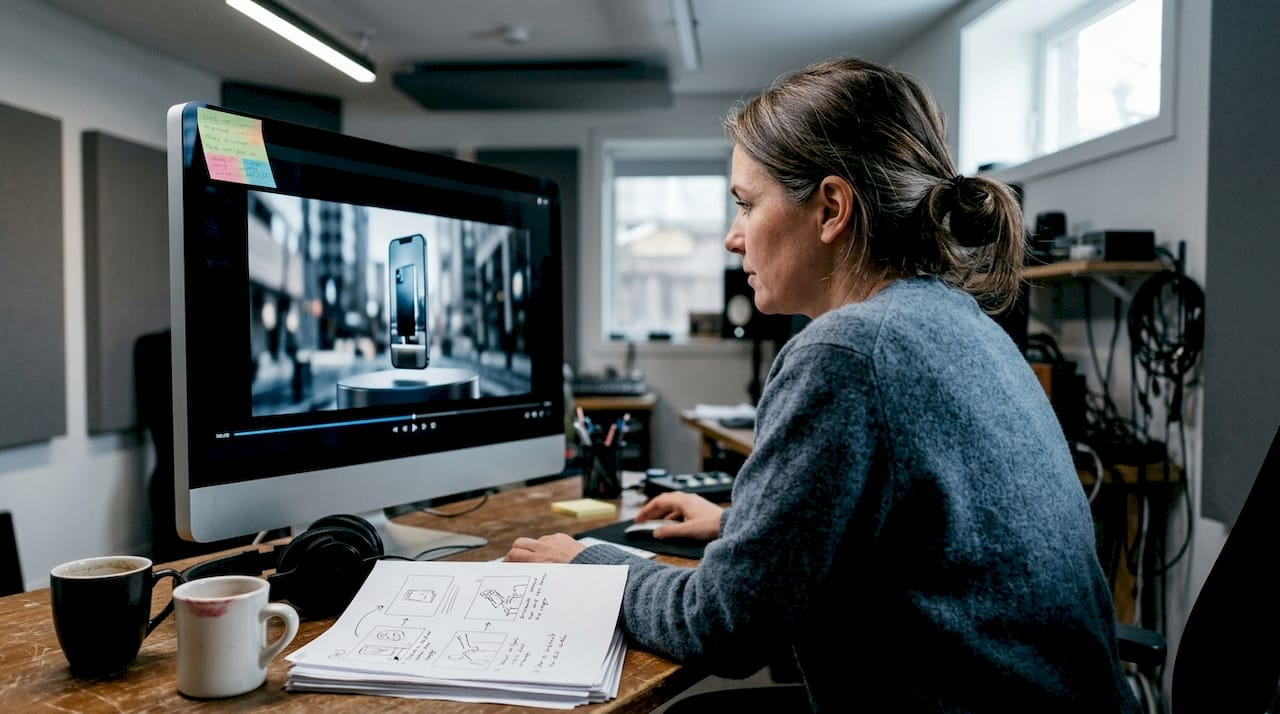 Video editor working on hybrid ad production