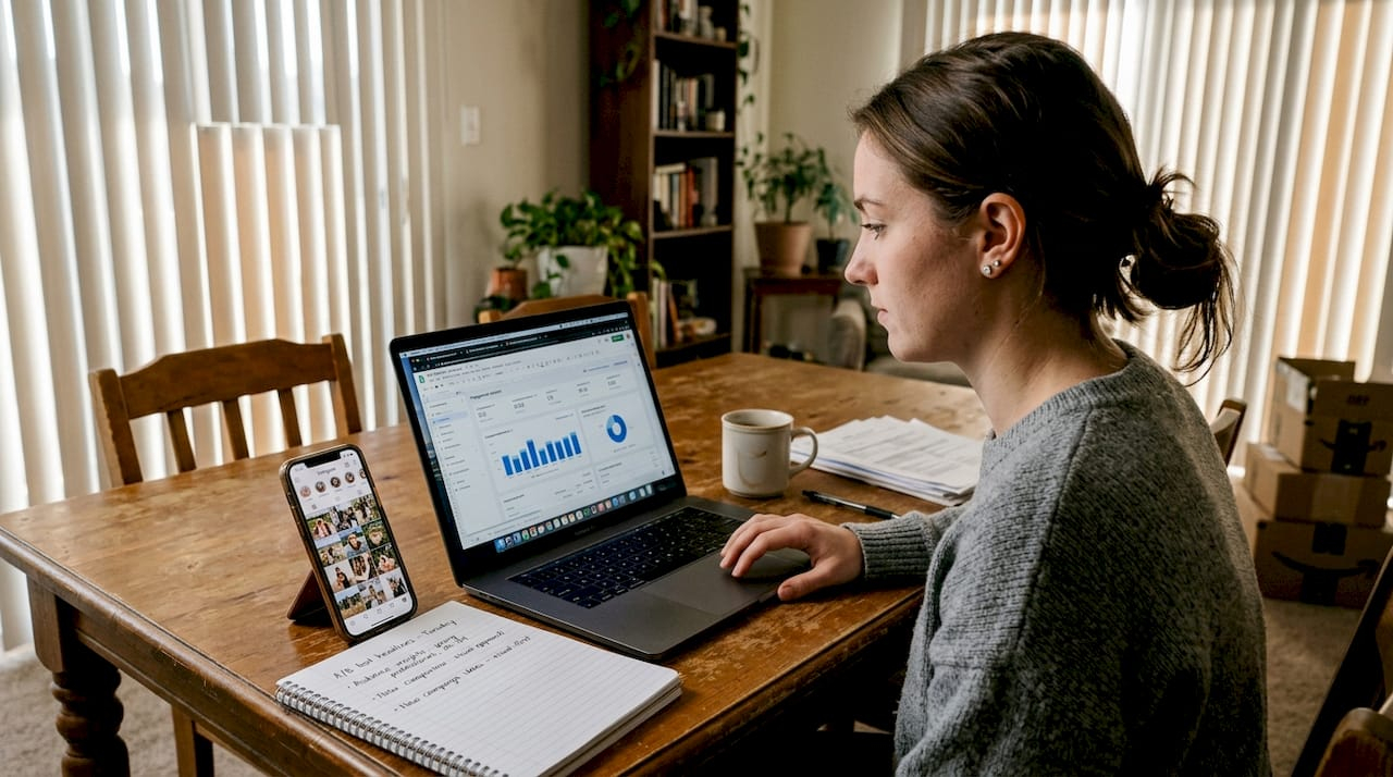 Woman at home workspace reviewing social ad data
