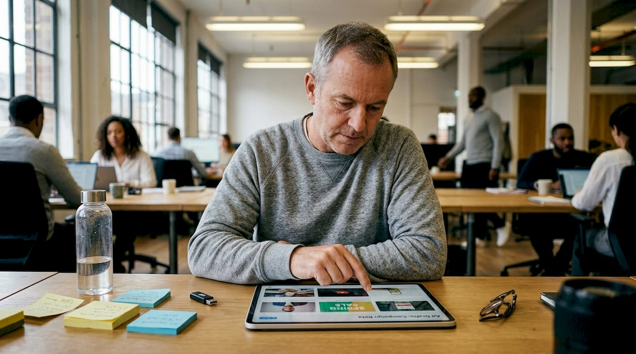 Man testing ad creatives in shared workspace