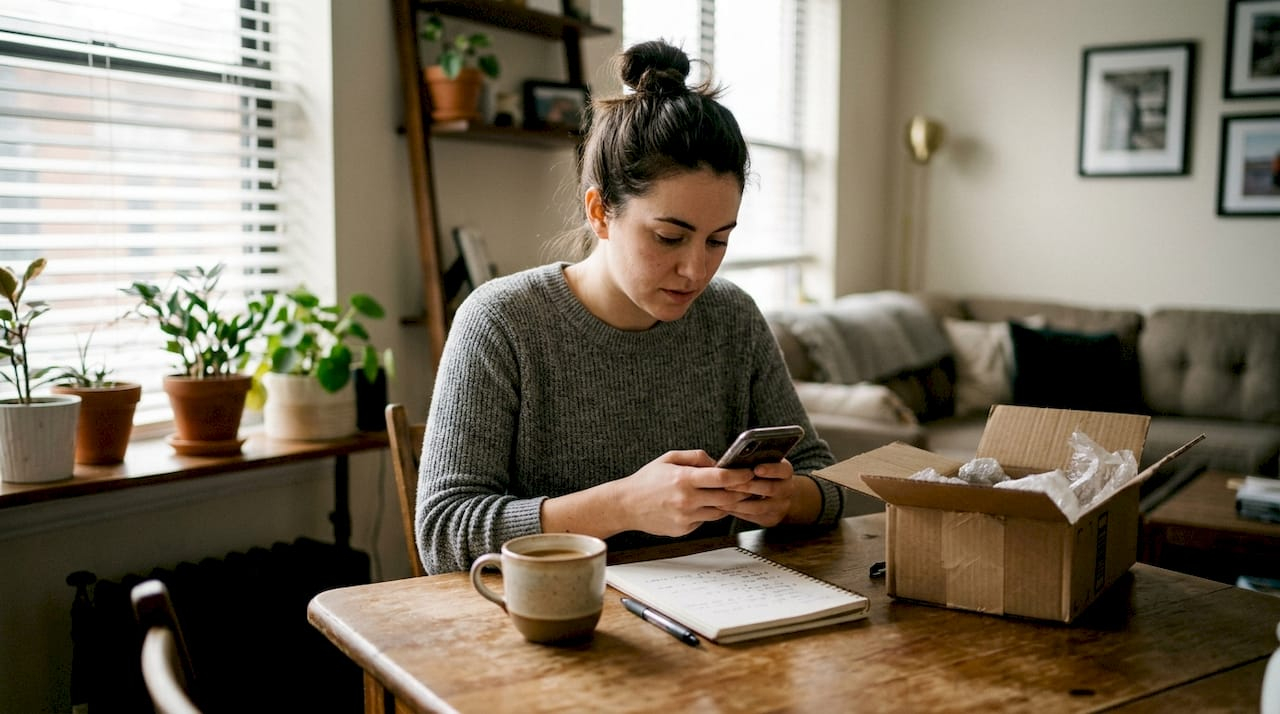 Woman creating product review at home