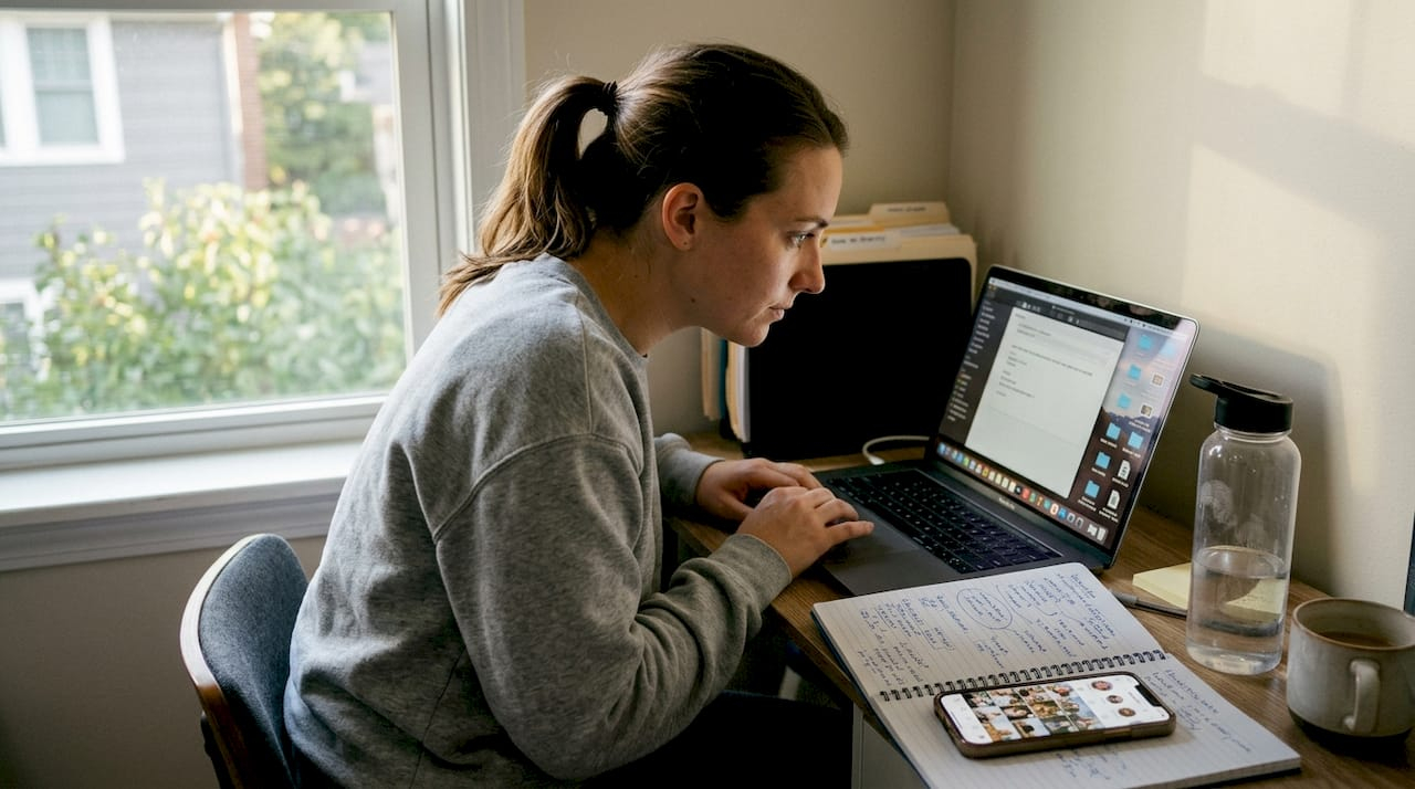 Woman editing UGC social media ad in home office