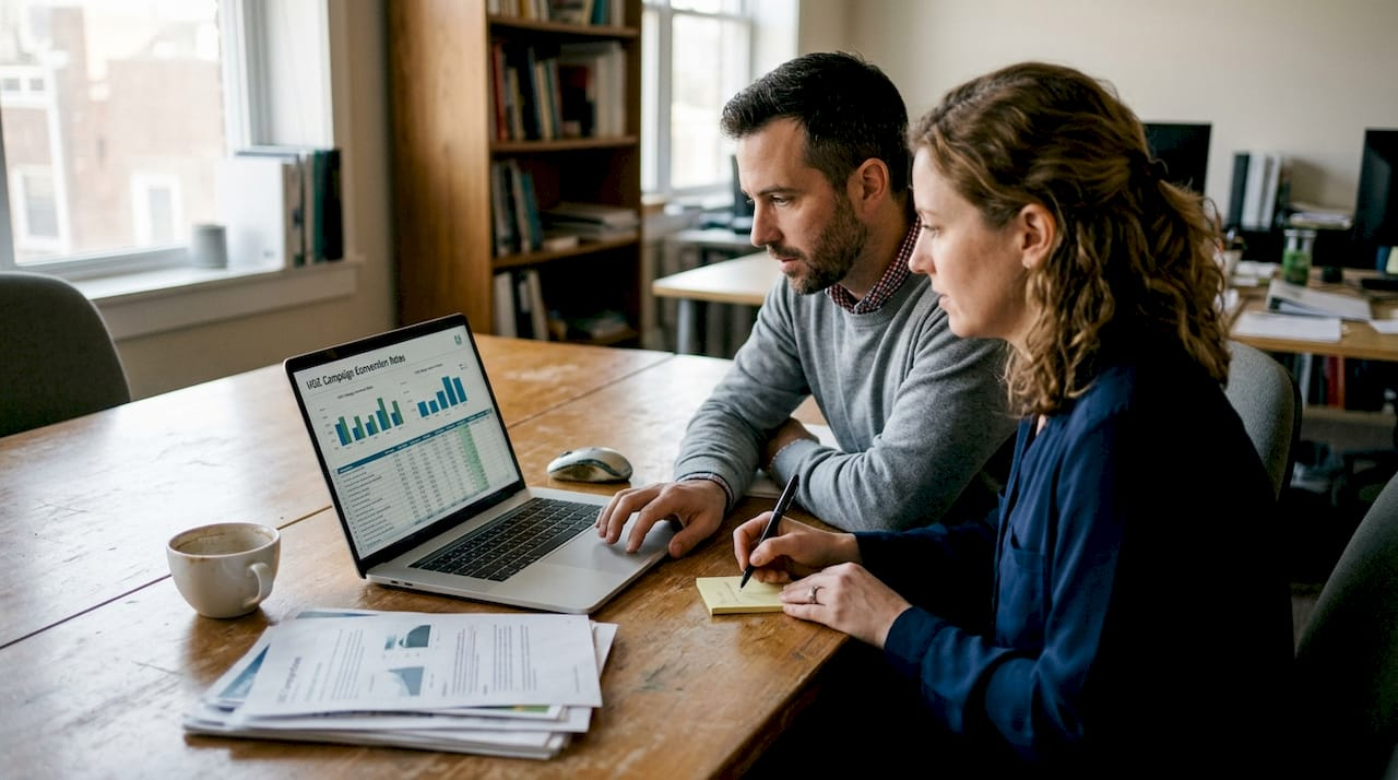 Team reviewing campaign results for UGC creative