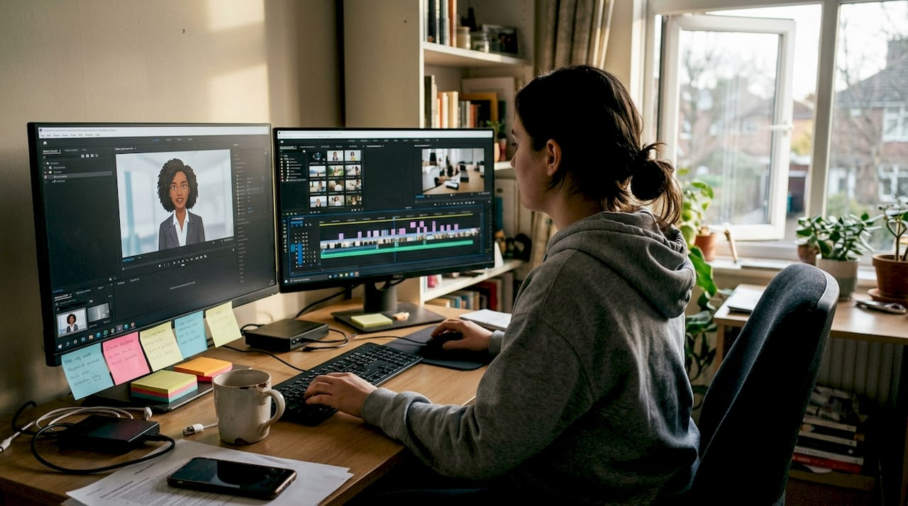 Marketer editing avatar video content at desk