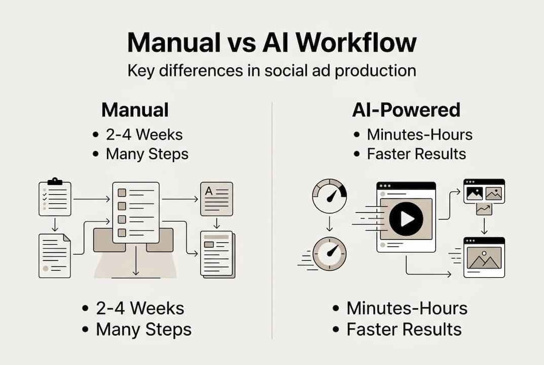 Infographic comparing manual and AI ad workflows