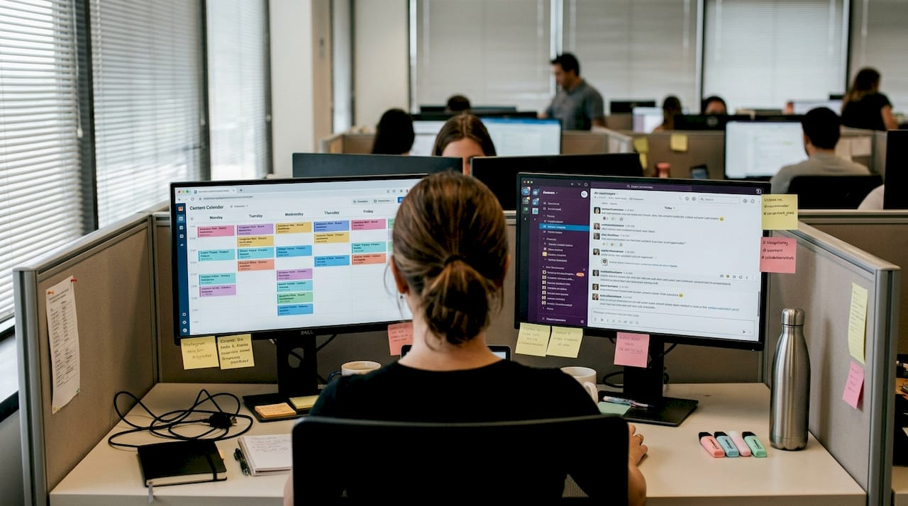 Social media manager using integrated tools at desk