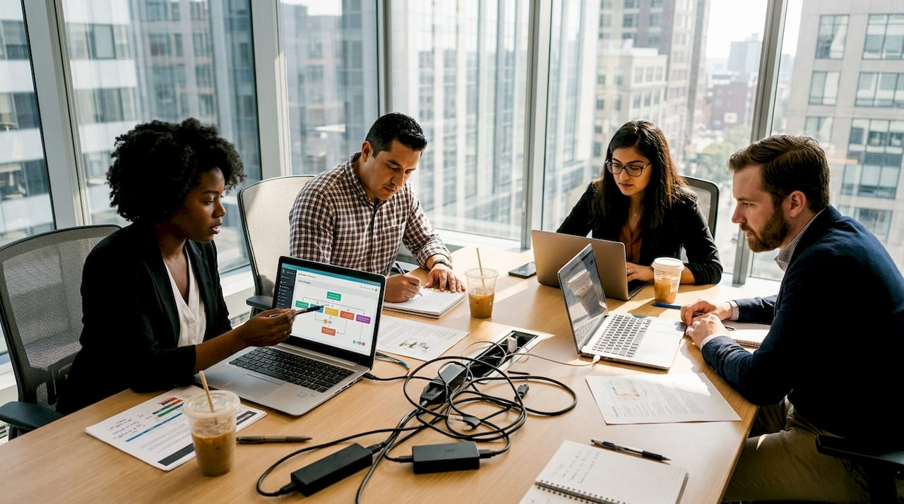 Team reviewing workflow in bright office meeting