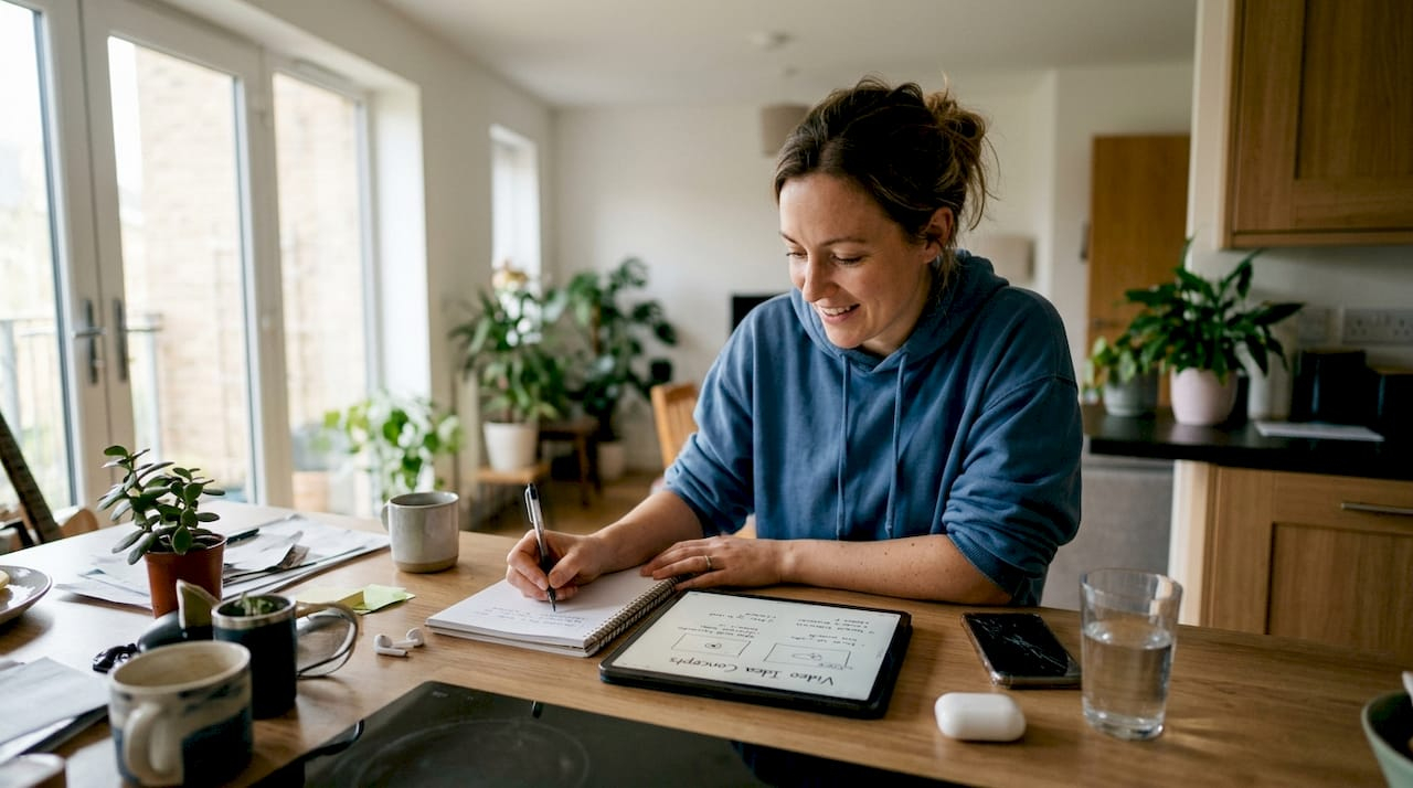 Woman planning video content in kitchen