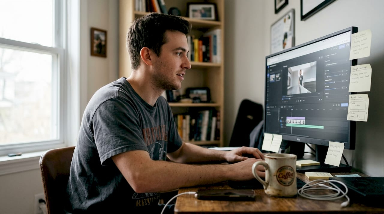 Man editing AI-generated ecommerce videos