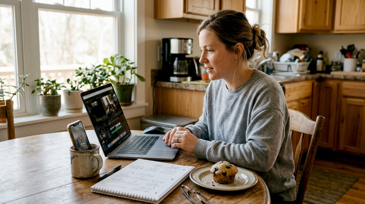 Woman editing video at kitchen table