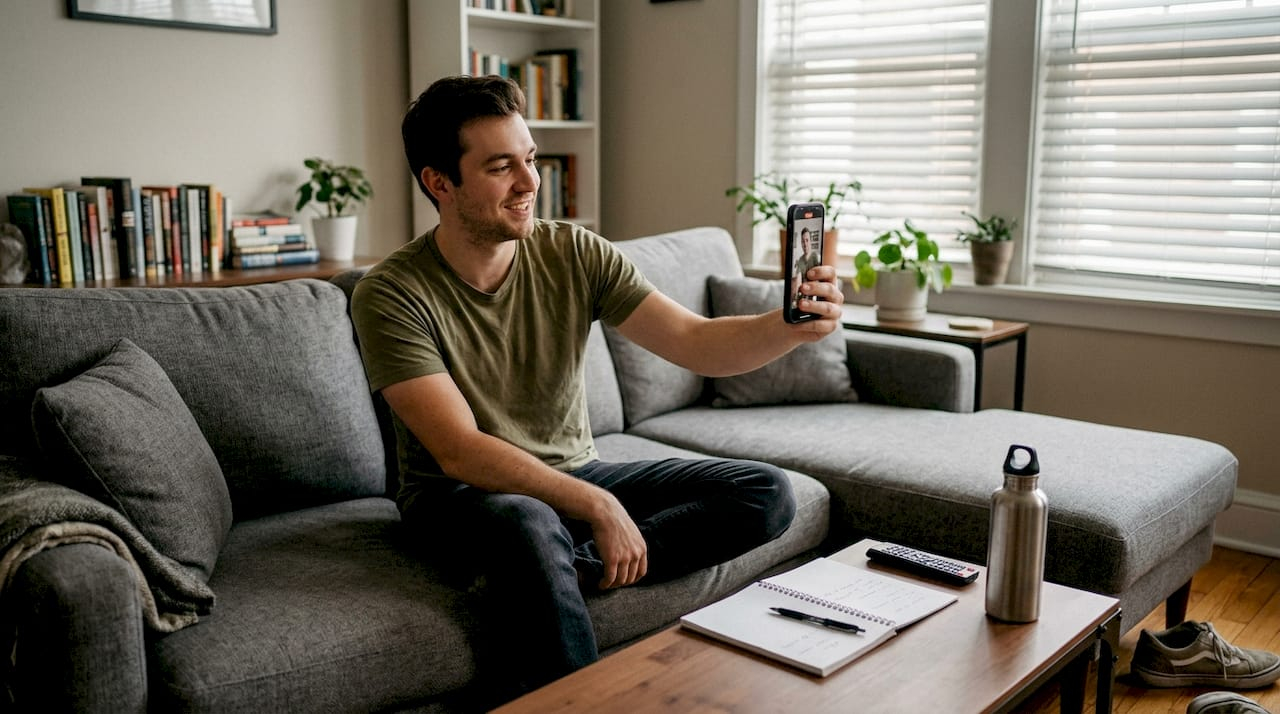 Man recording selfie video in living room