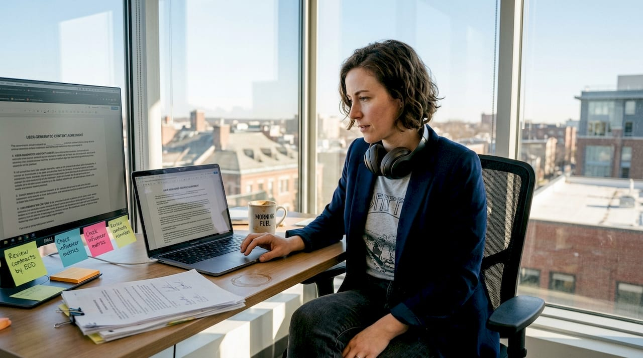 Brand manager reviews UGC rights in corner office