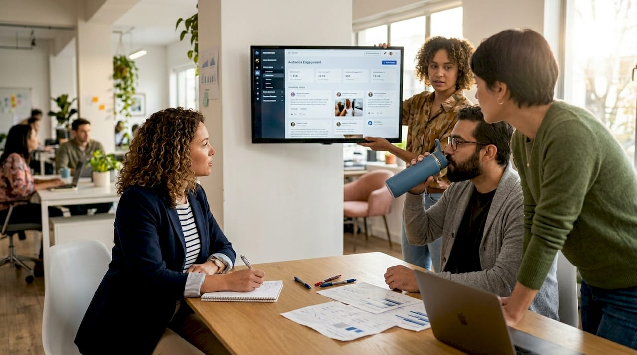 Team discussing UGC campaign engagement