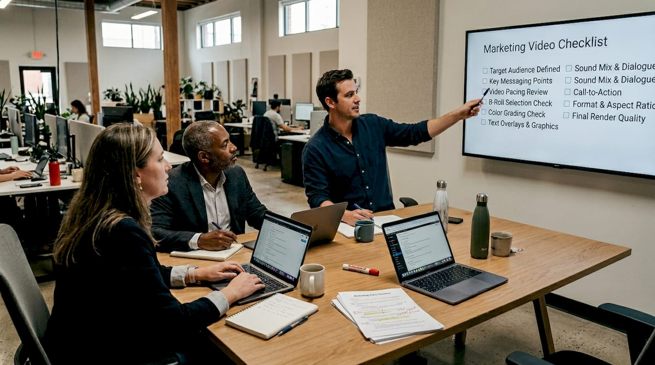 Team collaborating on video checklist roles