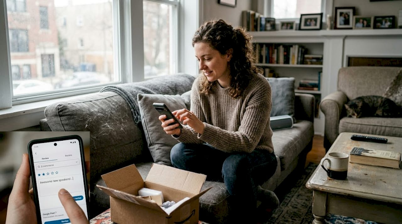 Customer sharing product review from living room