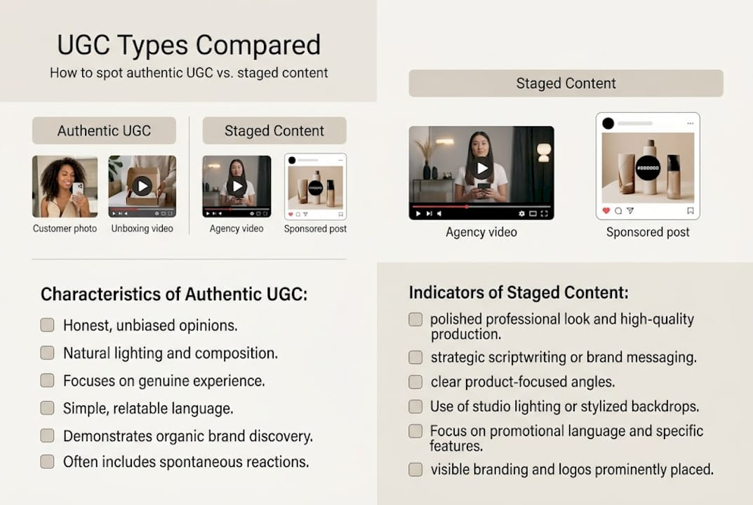 Infographic comparing authentic and staged UGC types