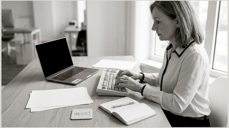 Une personne en train de travailler sur son ordinateur, installée dans un bureau épuré aux tons monochromes.