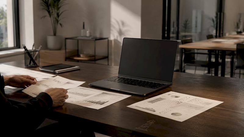 Des mains en train d’analyser des graphiques papier sur un bureau épuré.