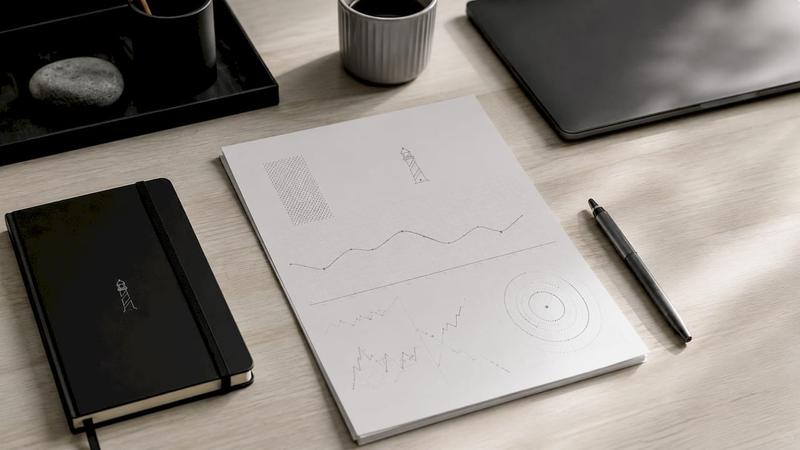 Vue en plongée sur une impression de tableau de bord SEO, accompagnée d’un stylo et de cartes disposés à côté.