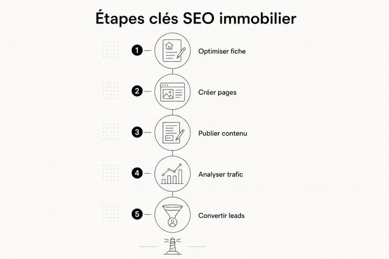 Découvrez en un coup d’œil les grandes étapes du référencement naturel pour le secteur immobilier grâce à cette infographie.