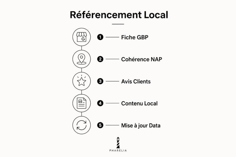 Visuel vertical présentant les grandes étapes pour réussir son référencement local
