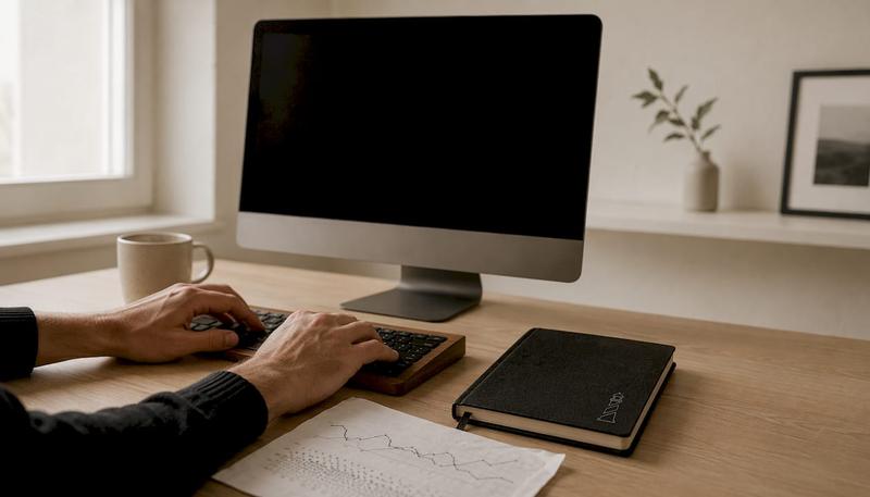 Des mains qui pianotent sur un clavier dans un espace de travail épuré, dédié au SEO.