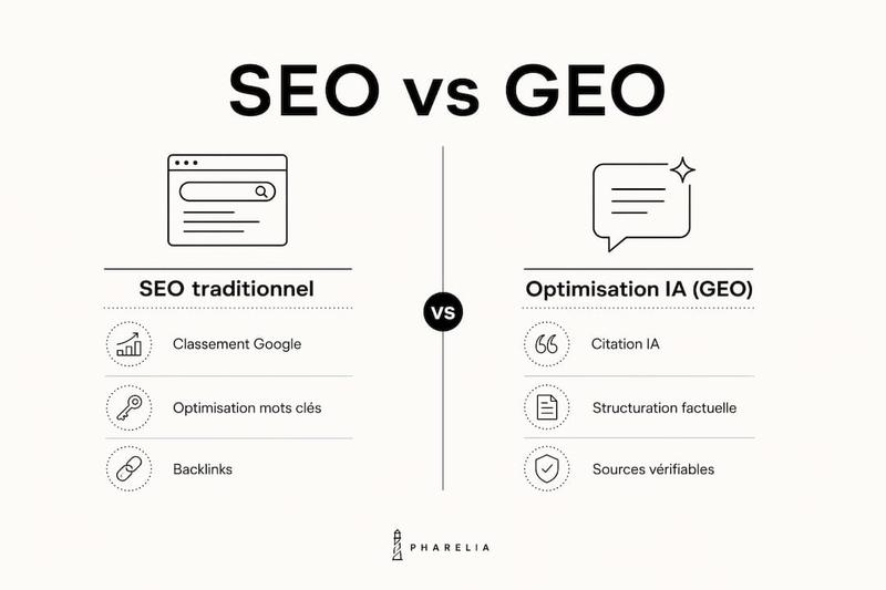 Infographie : les différences entre le référencement classique et l’optimisation GEO par intelligence artificielle