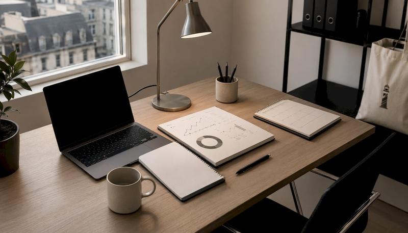 Un bureau d’agence SEO avec des dossiers posés sur la table et un ordinateur dont l’écran est éteint.