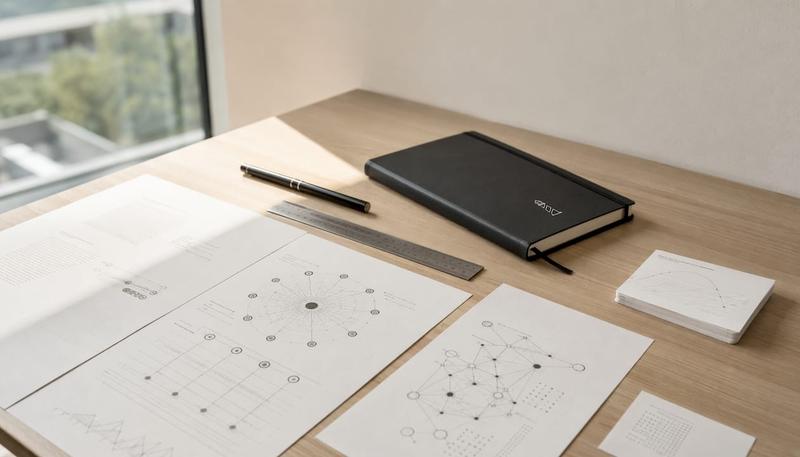 Vue de dessus de documents stratégiques sur le maillage SEO, présentés en noir et blanc