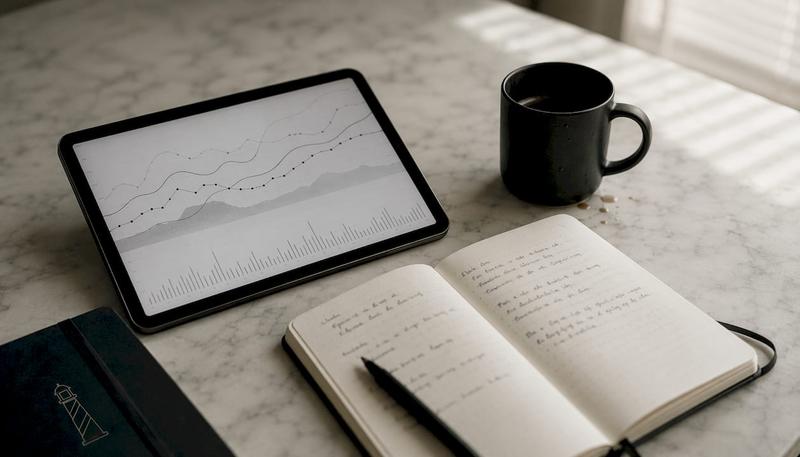 Une tablette et un carnet posés sur le bureau, prêts pour l’analyse.
