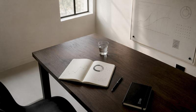 Un tableau blanc, un ordinateur portable fermé et un carnet posé à côté