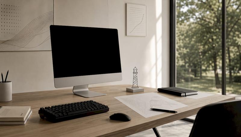 Espace de travail épuré pour audit SEO, écran en veille